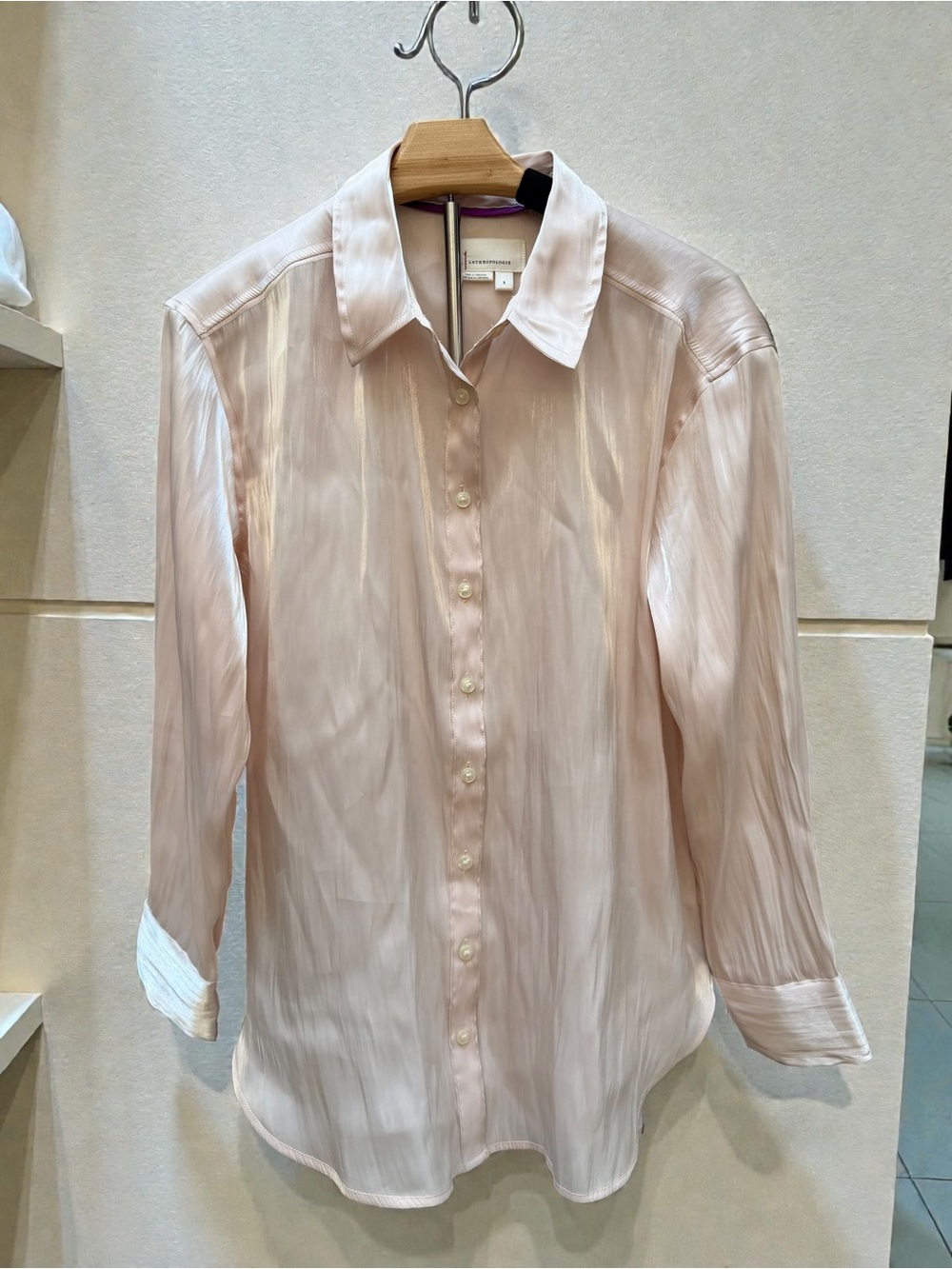 Anthropologie Blush Satin Button Down Blouse Small Long Sleeve Top